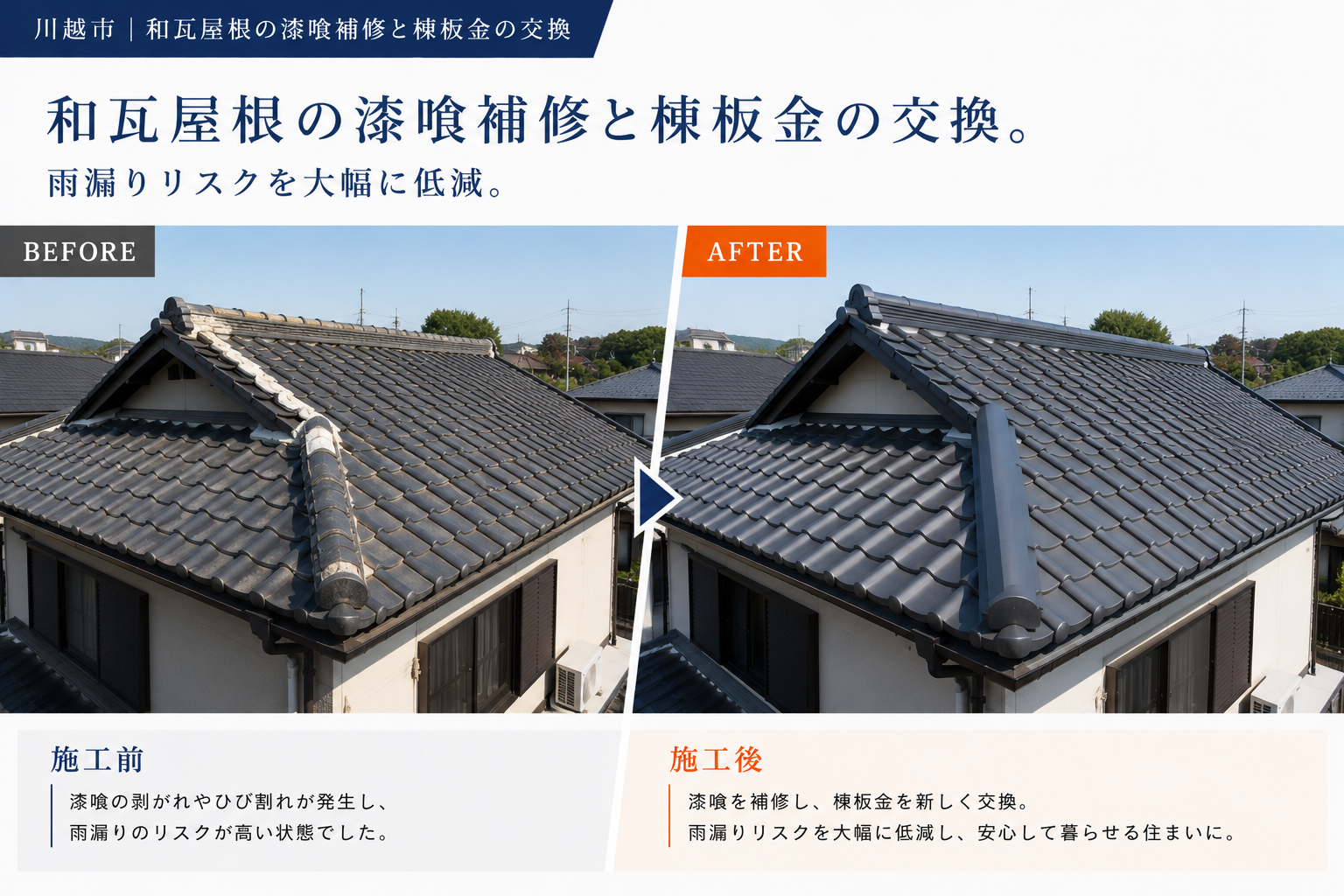 和瓦屋根漆喰補修・棟板金交換 施工事例