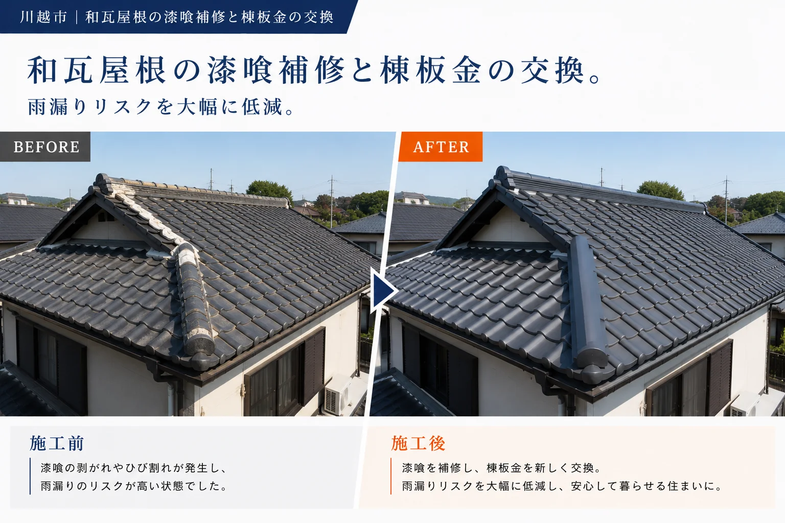 和瓦屋根漆喰補修・棟板金交換 施工事例